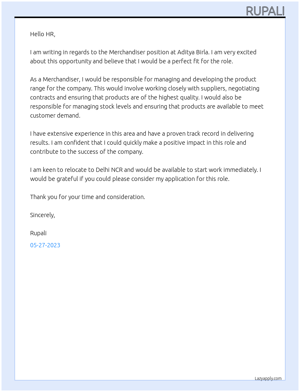 Merchandiser At Aditya Birla Cover Letter