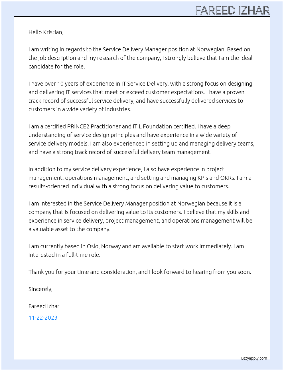 Service Delivery Manager At Norwegian Cover Letter