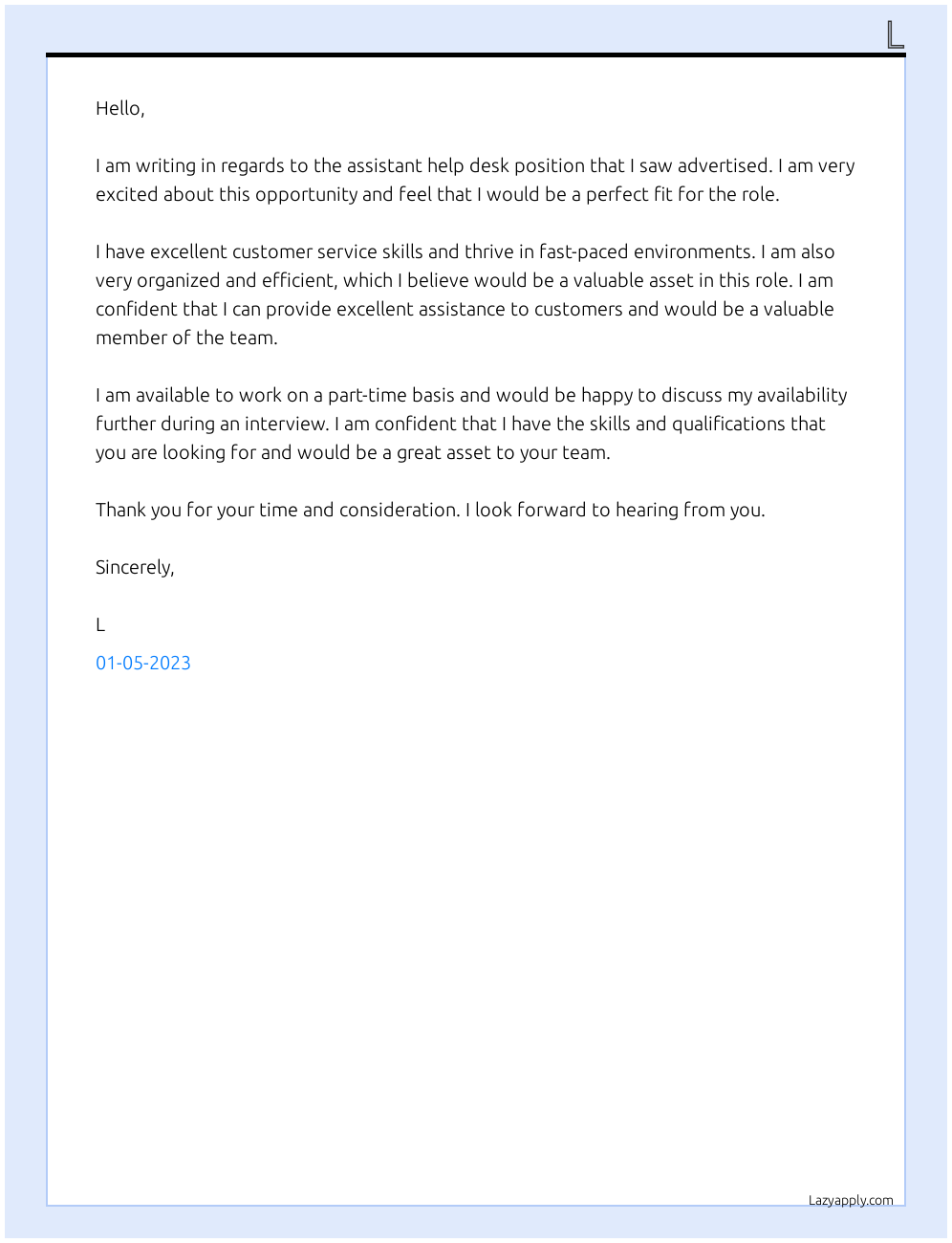 assistant help desk  At l Cover Letter