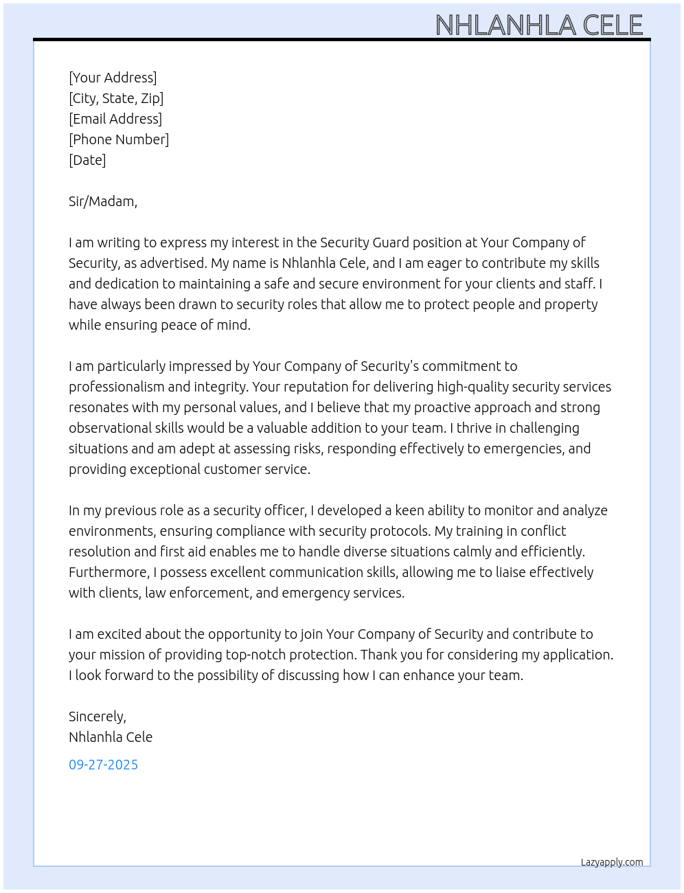 Cover letter for security guard - LazyApply