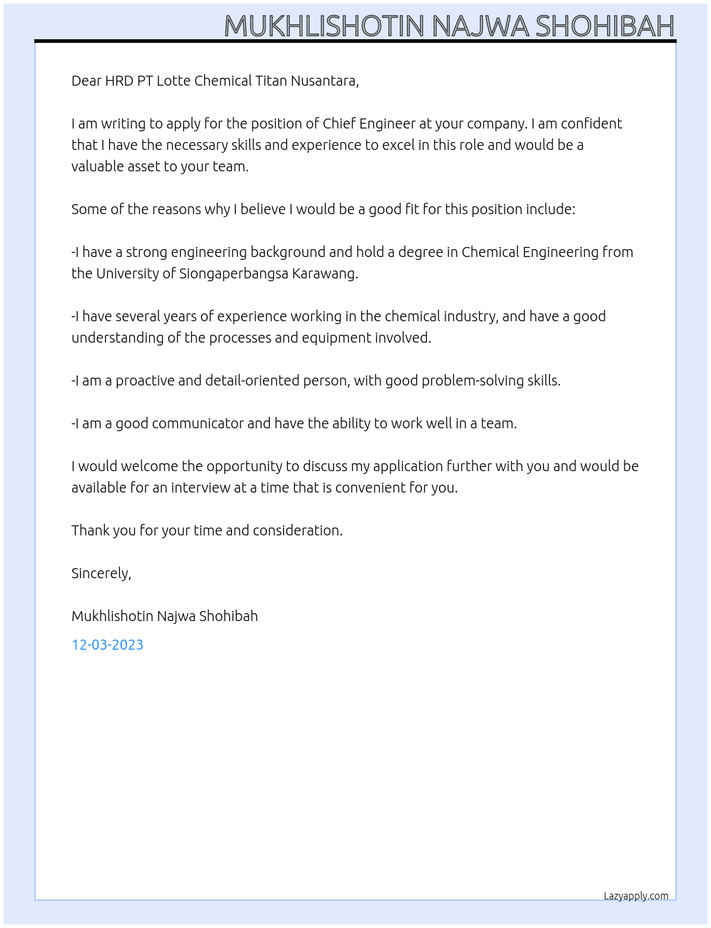 chief engineer At university of siongaperbangsa karawang Cover Letter