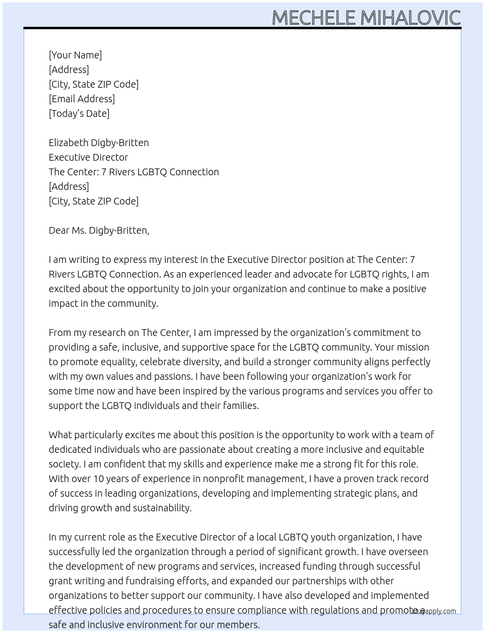Executive Director At The Center: 7 Rivers LGBTQ Connection Cover Letter