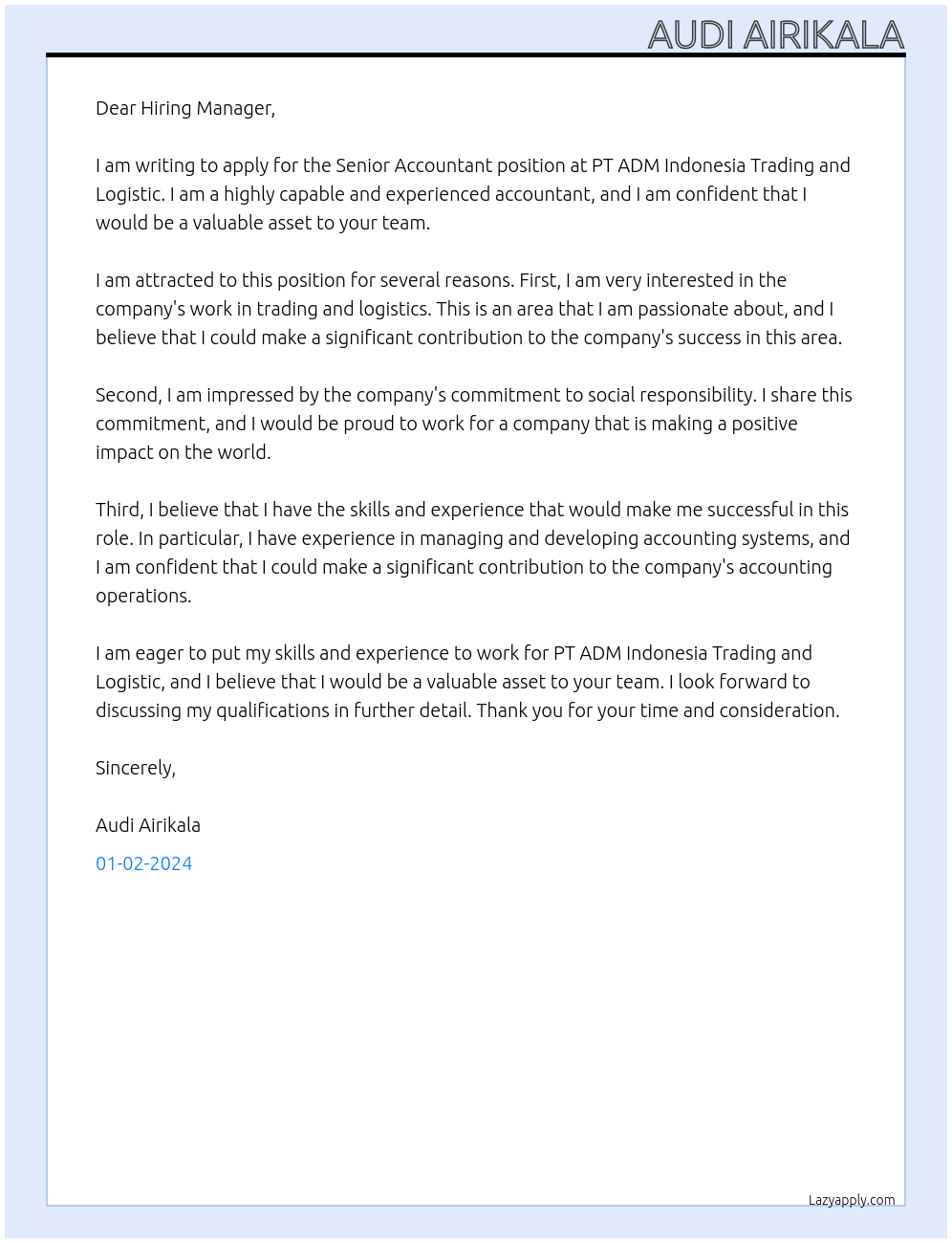 Senior Accountant At PT ADM Indonesia Trading and Logistic Cover Letter