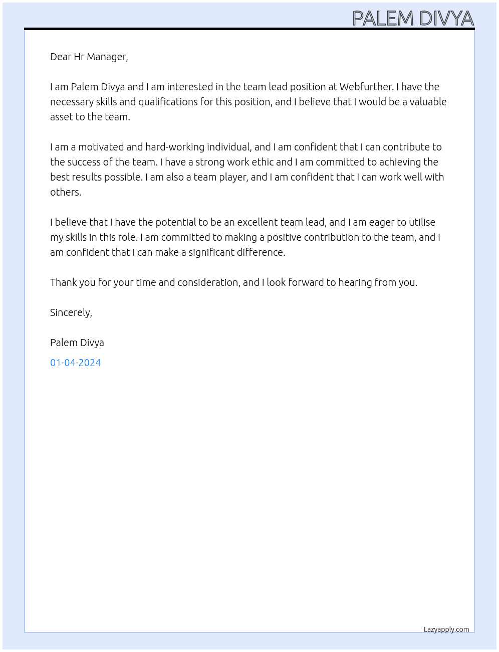 Team lead At Webfurther Cover Letter