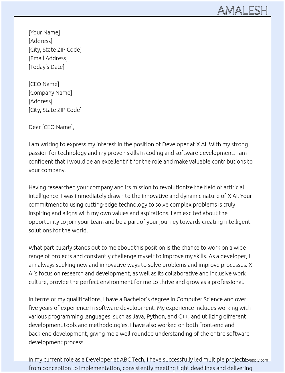 Devloper  At X AI Cover Letter