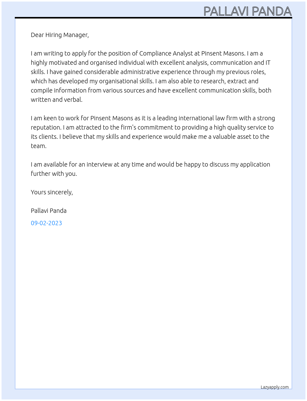 Compliance Analyst At Pinsent Masons Cover Letter