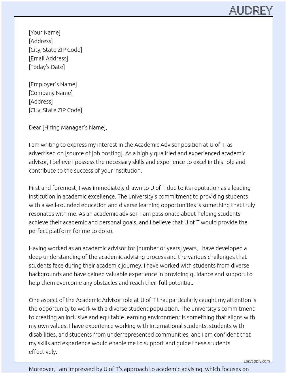 Academic Advisor At U of T Cover Letter