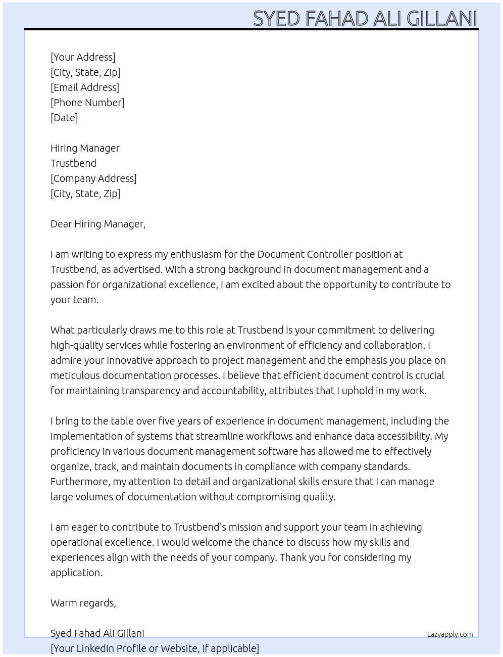Document Controller At Trustbend Cover Letter