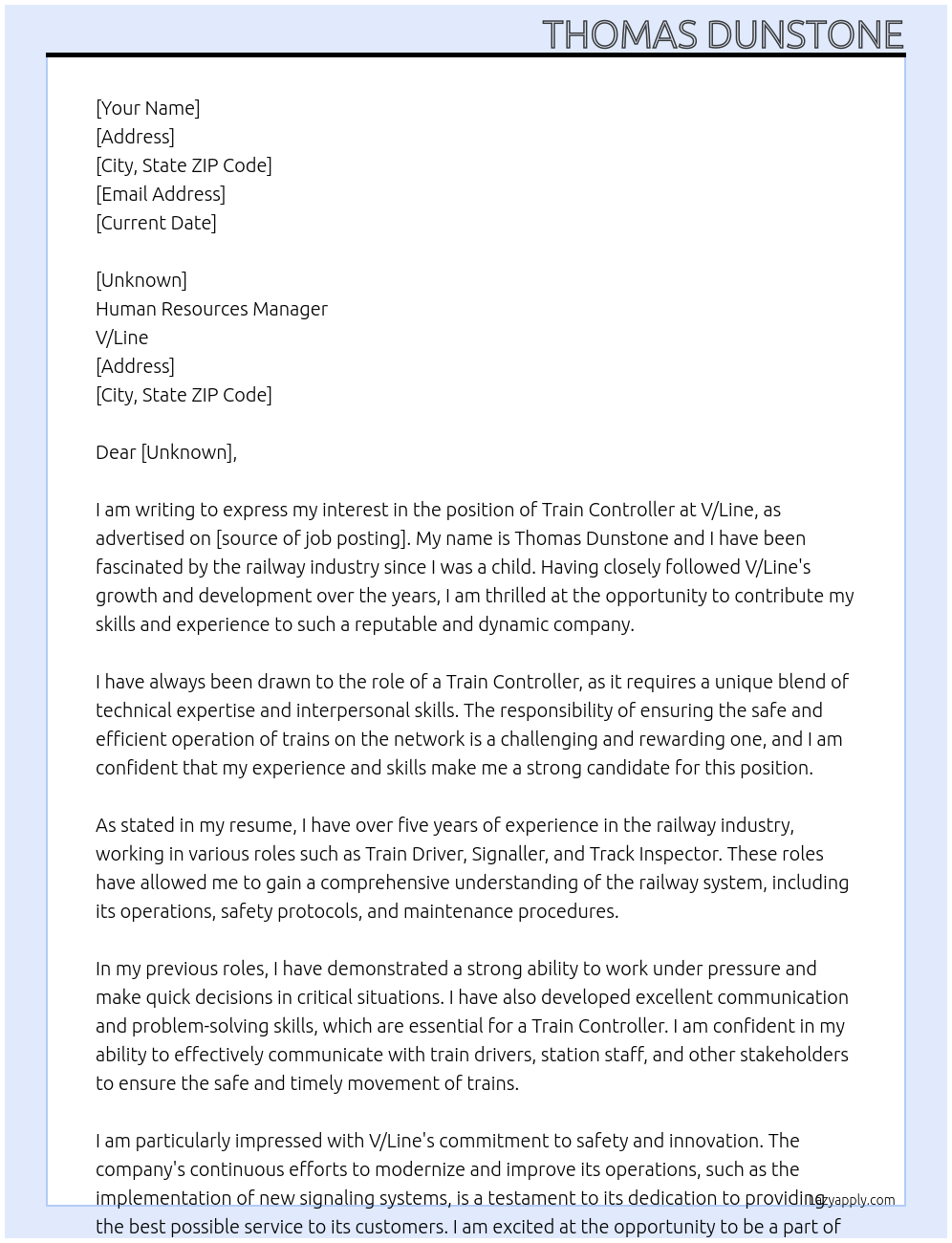 Train Controller At V/Line Cover Letter
