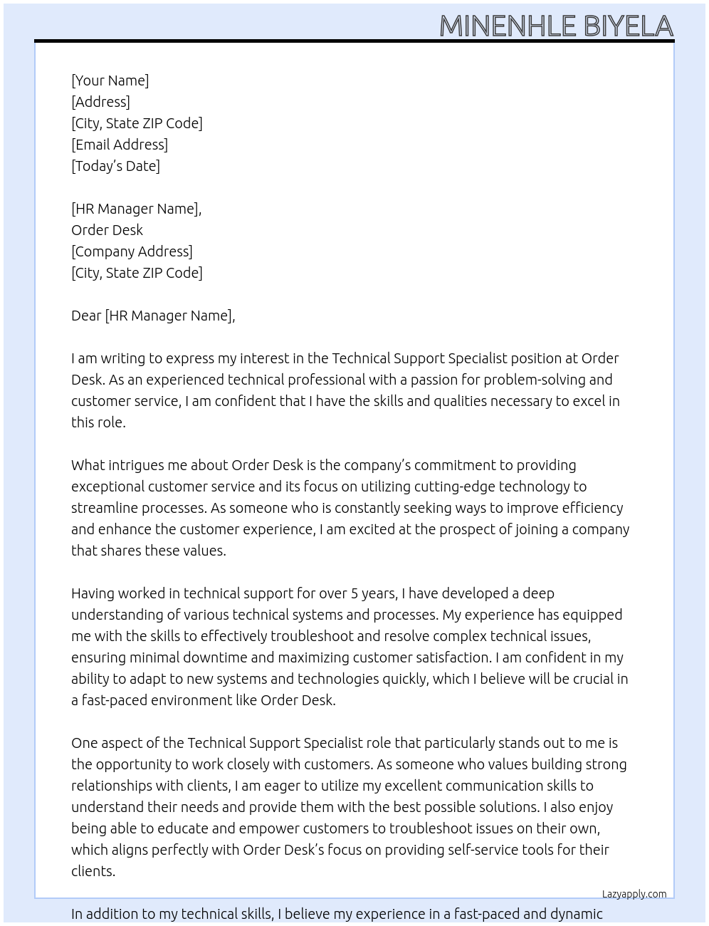 Technical support specialist At Order desk Cover Letter