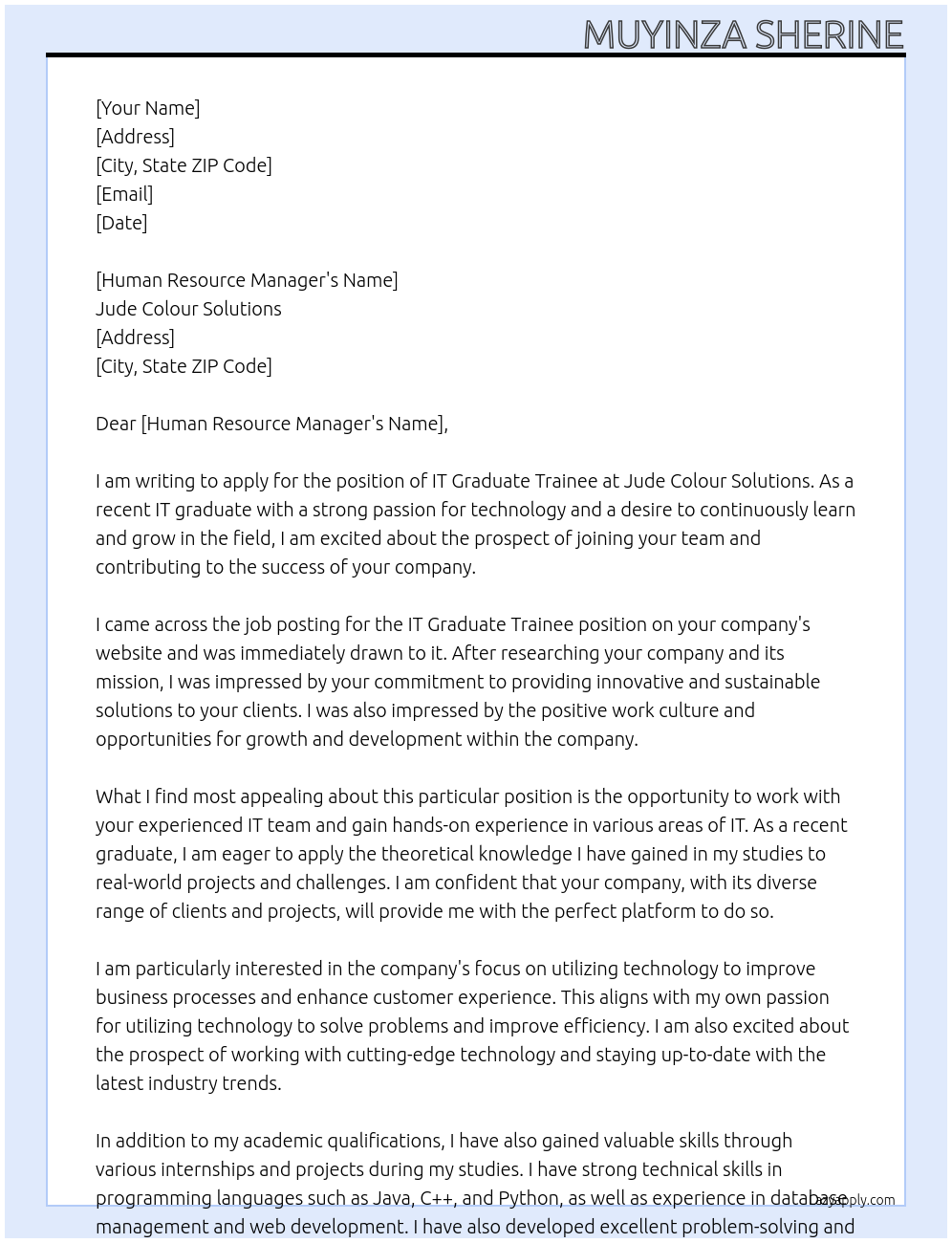 IT GRADUATE TRAINEE At JUDE COLOUR SOLUTIONS Cover Letter