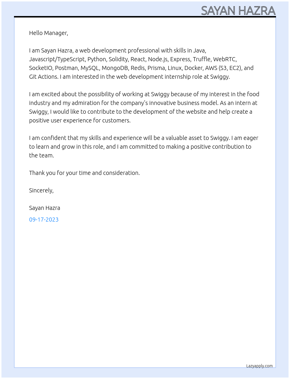 Web Development At Swiggy Cover Letter
