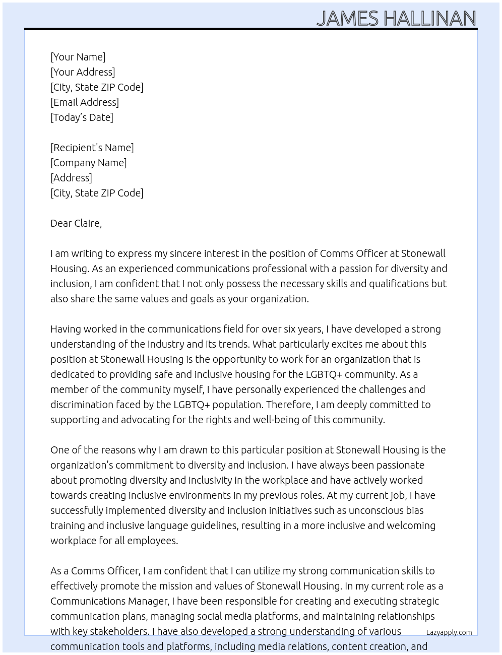 Comms Officer At Stonewall Housing Cover Letter