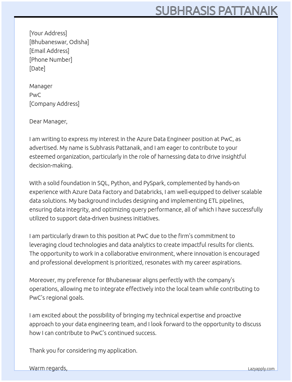 Azure data engineer At PwC Cover Letter