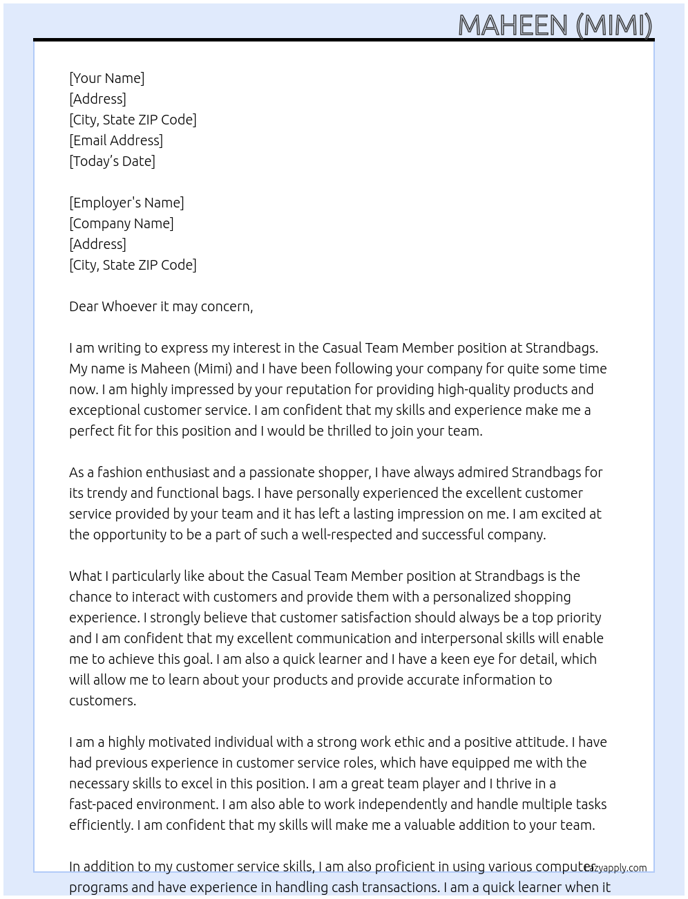 Casual Team Member At Strandbags Cover Letter