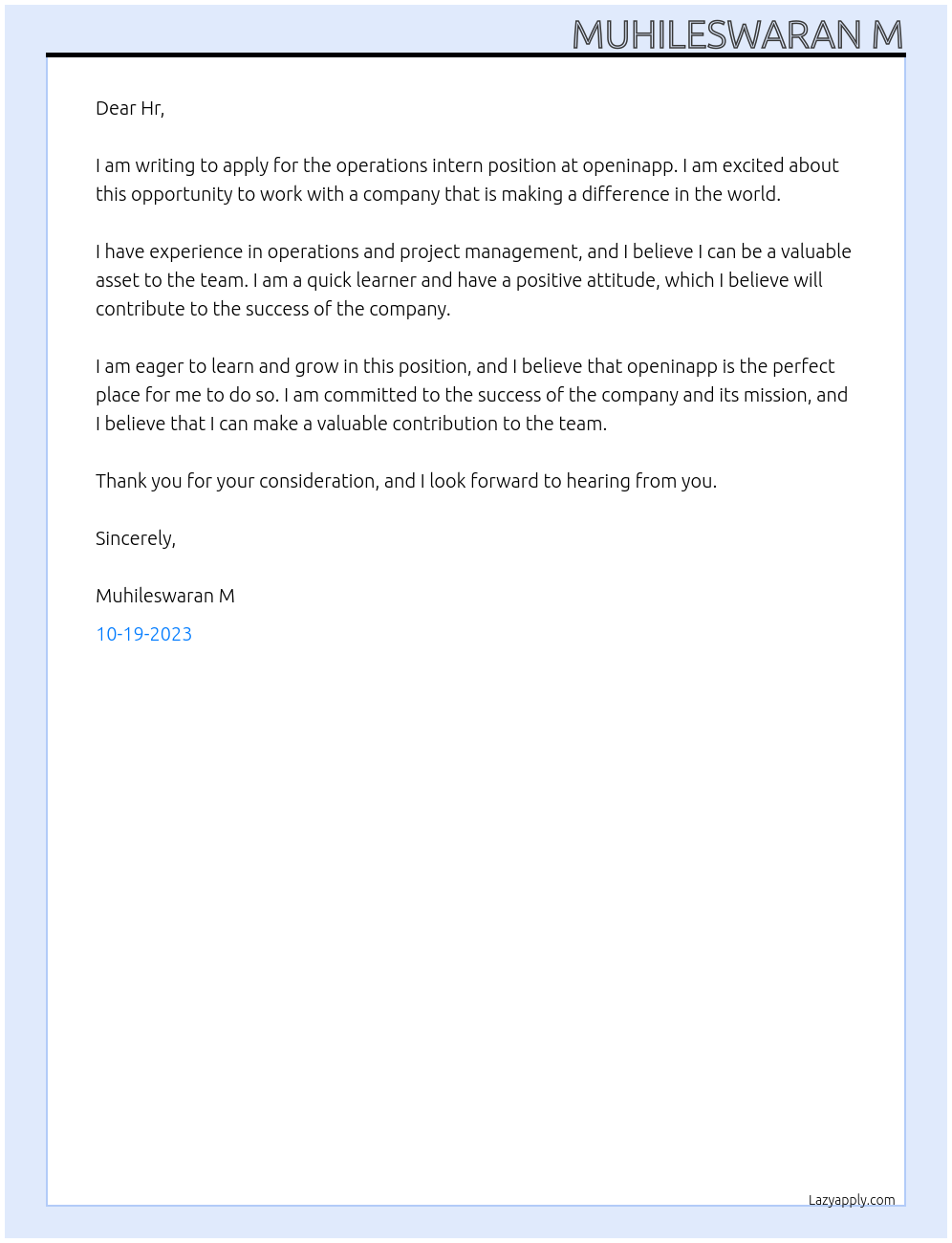 operations intern At openinapp Cover Letter