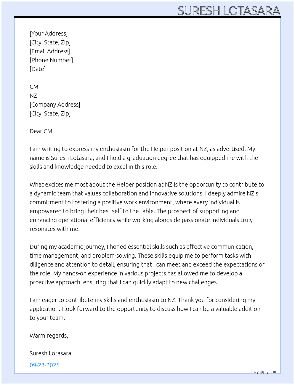 Helper  At NZ Cover Letter