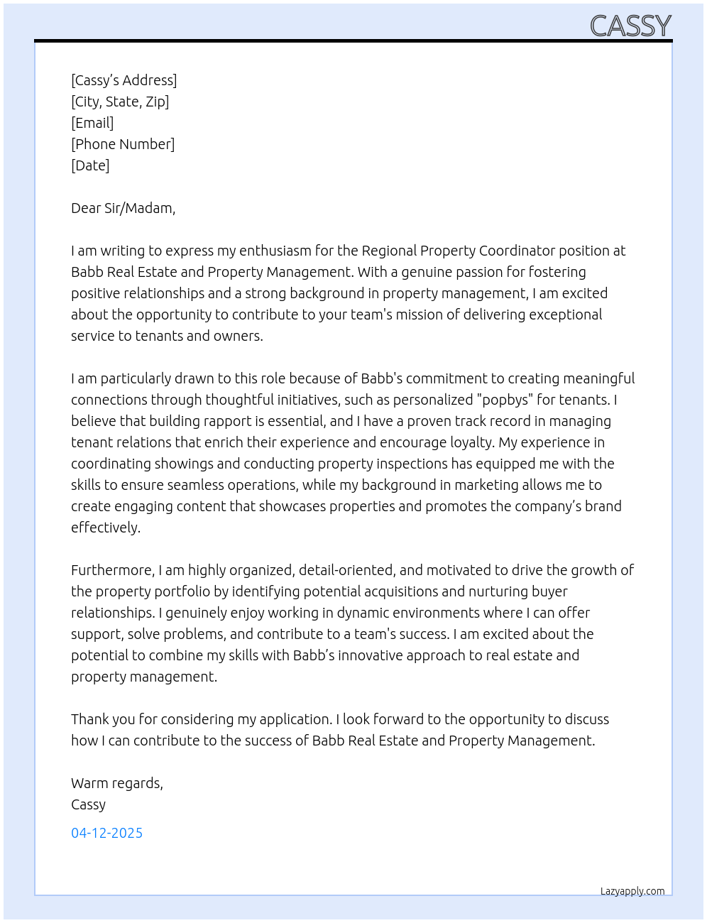 Regional Property Coordinator At Babb Real Estate and Property Management Cover Letter