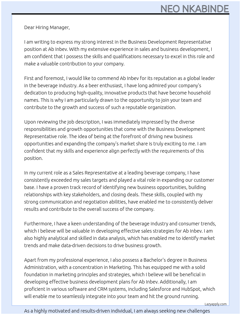 Business Development Representative At Ab Inbev Cover Letter