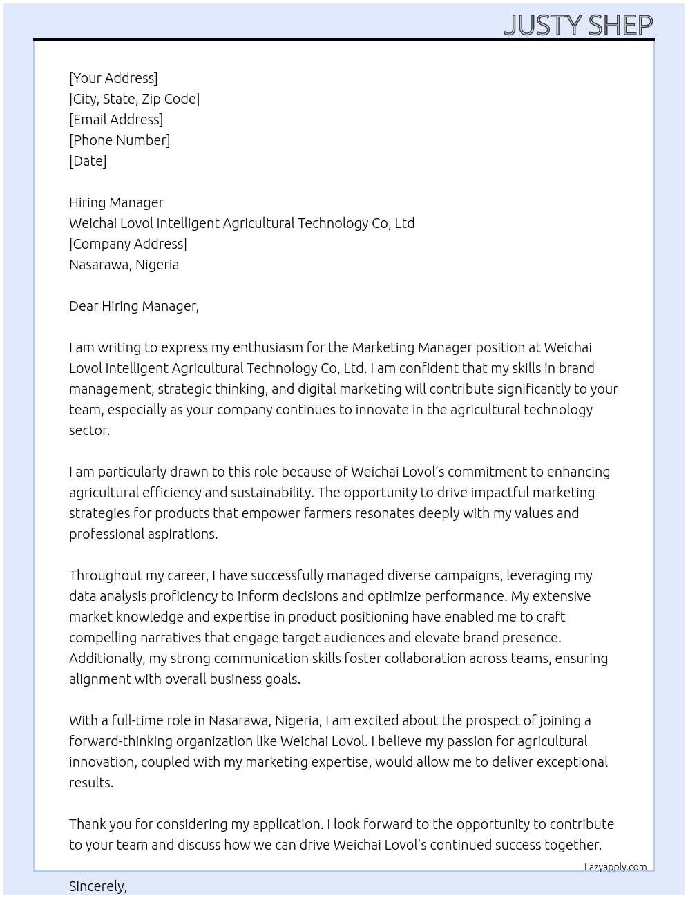 Marketing Manager At Weichai Lovol Intelligent Agricultural Technology Co, Ltd Cover Letter