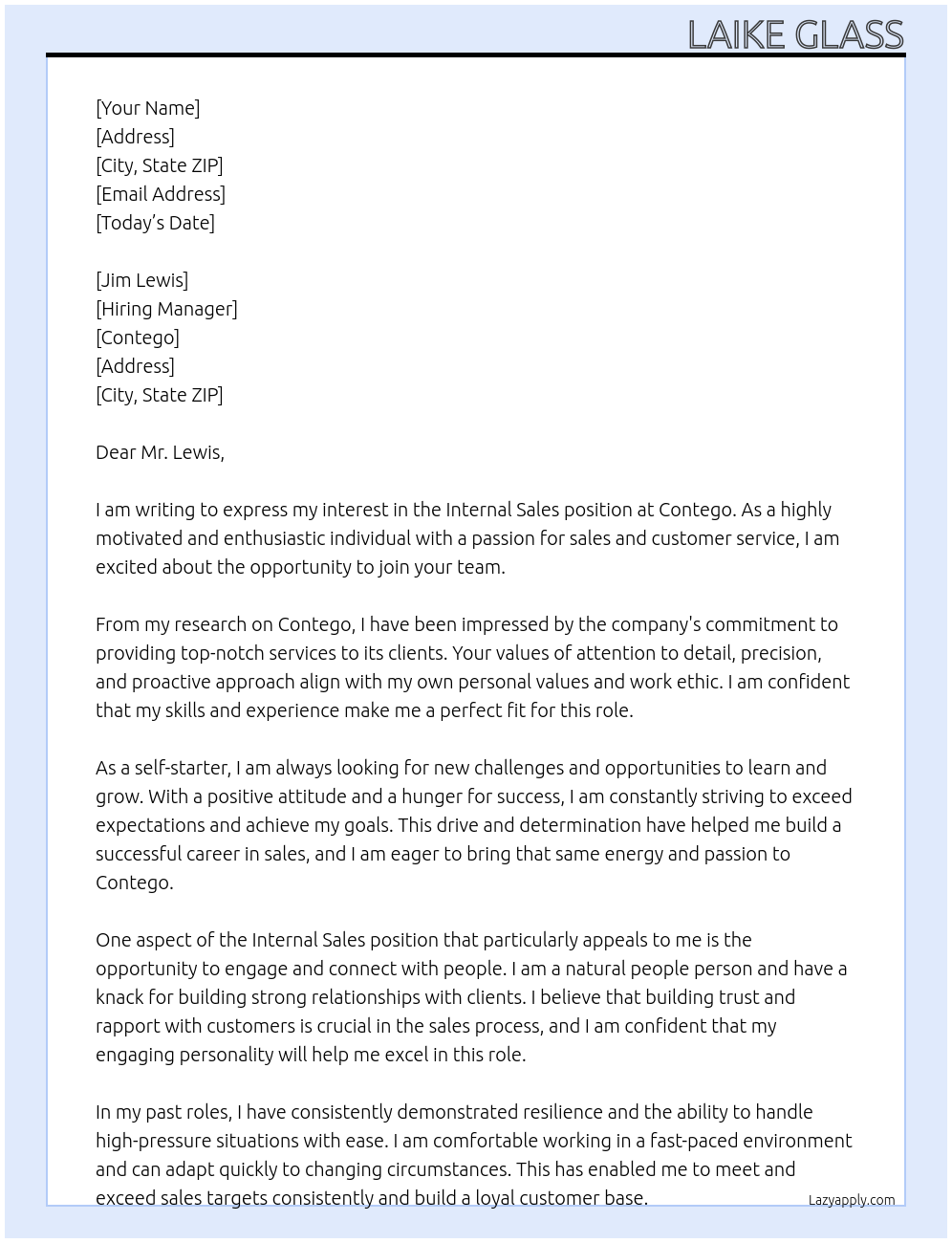Internal Sales At Contego Cover Letter