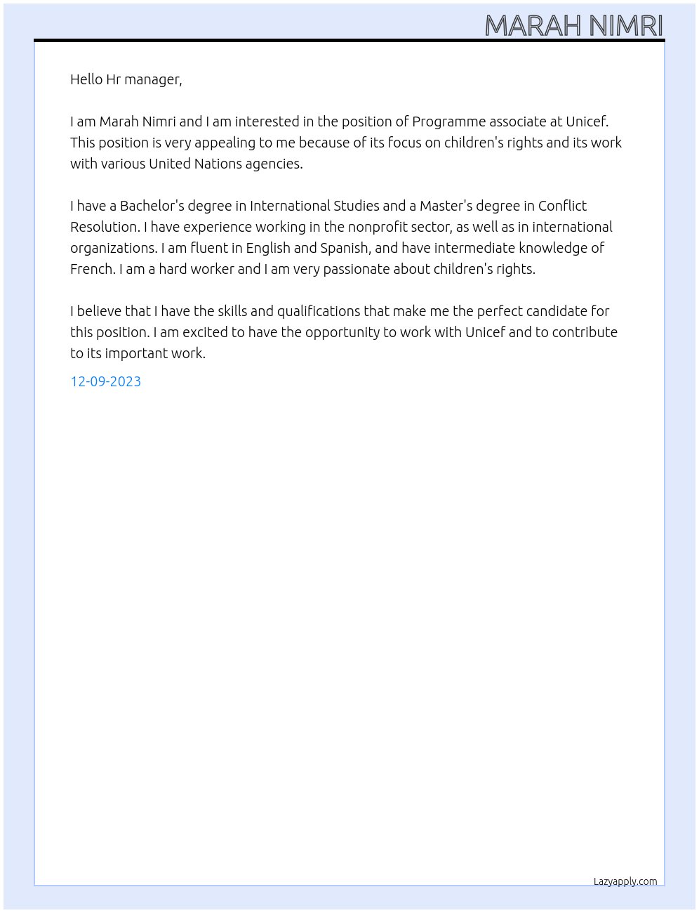 Programme associate At Unicef  Cover Letter