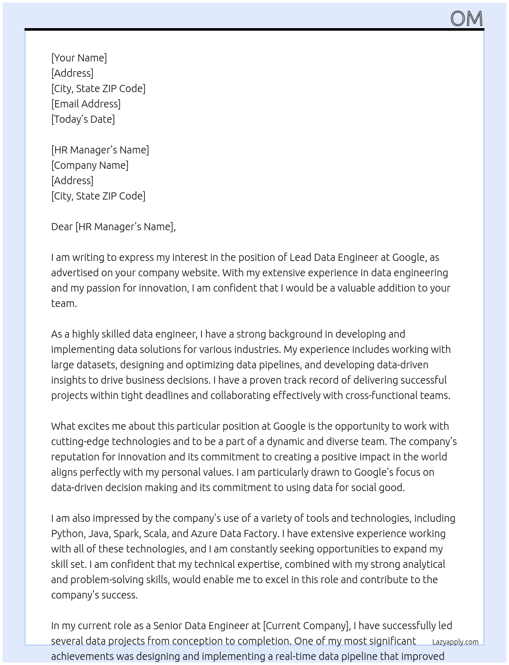 Lead Data Engineer At Google Cover Letter
