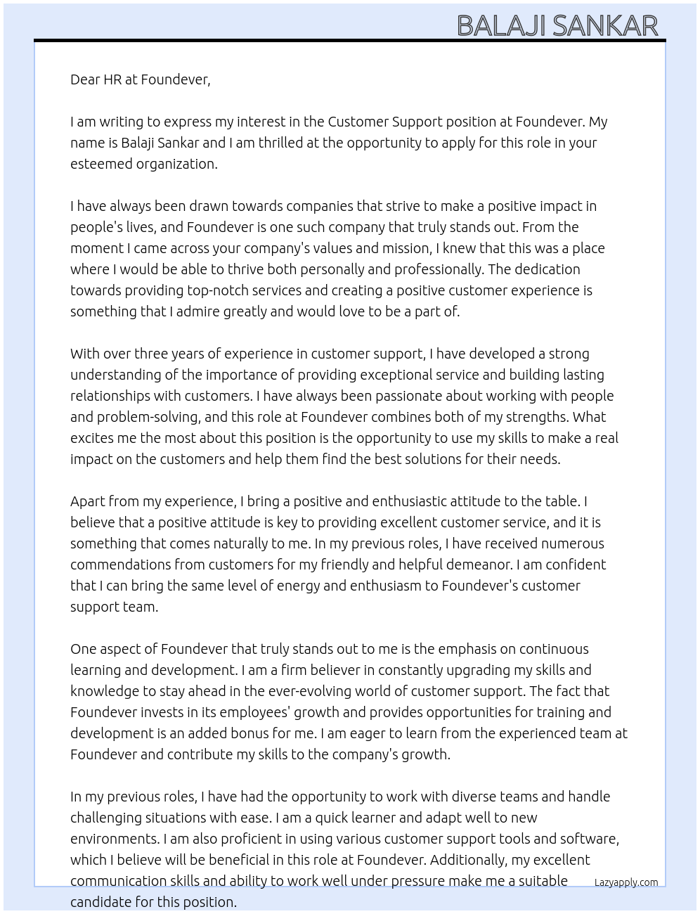 Customer support  At Foundever Cover Letter