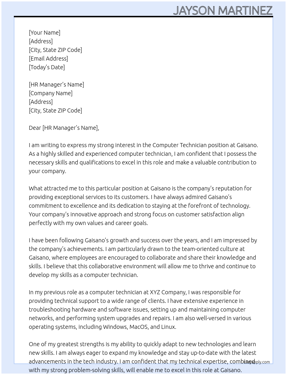 Computer Technician At Gaisano Cover Letter