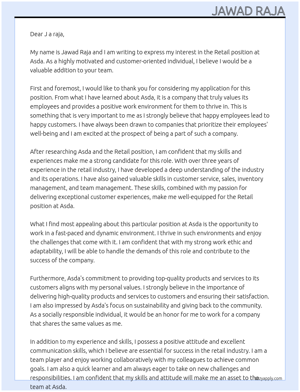 Retail At Asda Cover Letter