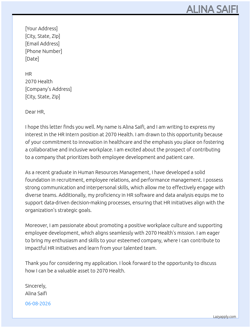 Cover letter for hr intern - LazyApply
