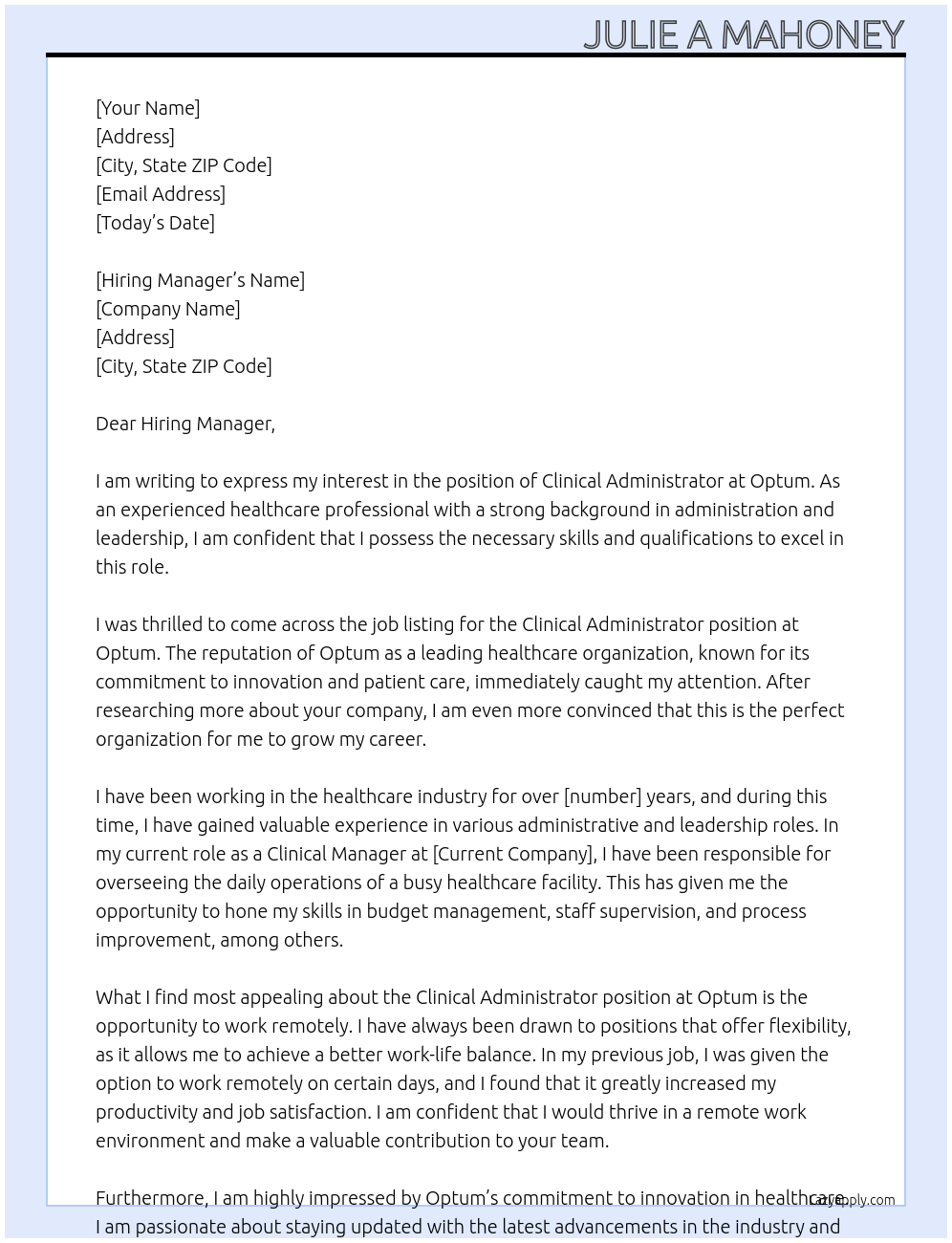 clinical administrator At Optum Cover Letter