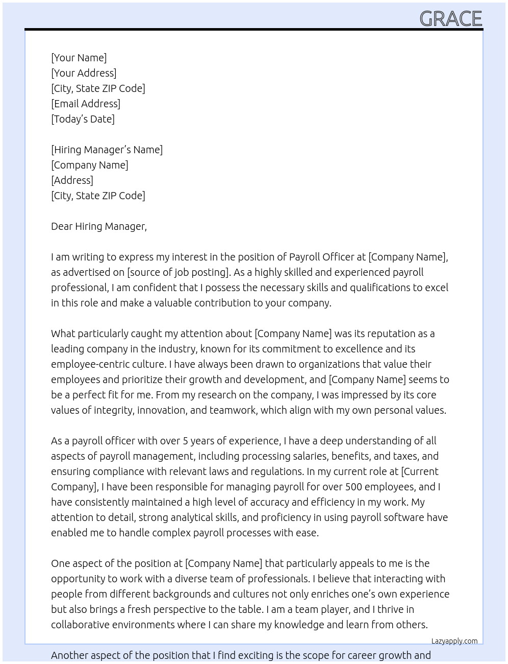 Payroll Officer At H Cover Letter