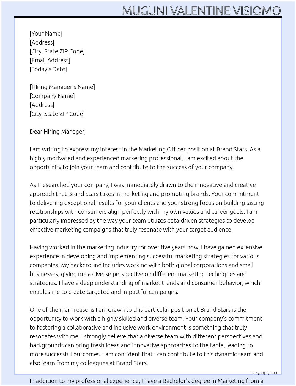 Marketing Officer At Brand Stars Cover Letter