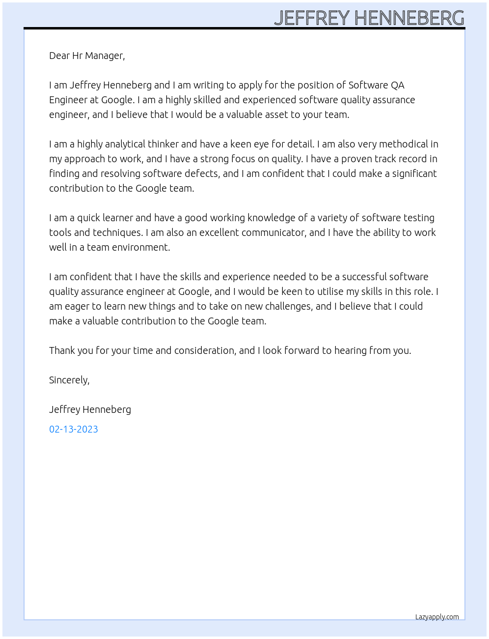 Software QA Engineer At Google Cover Letter