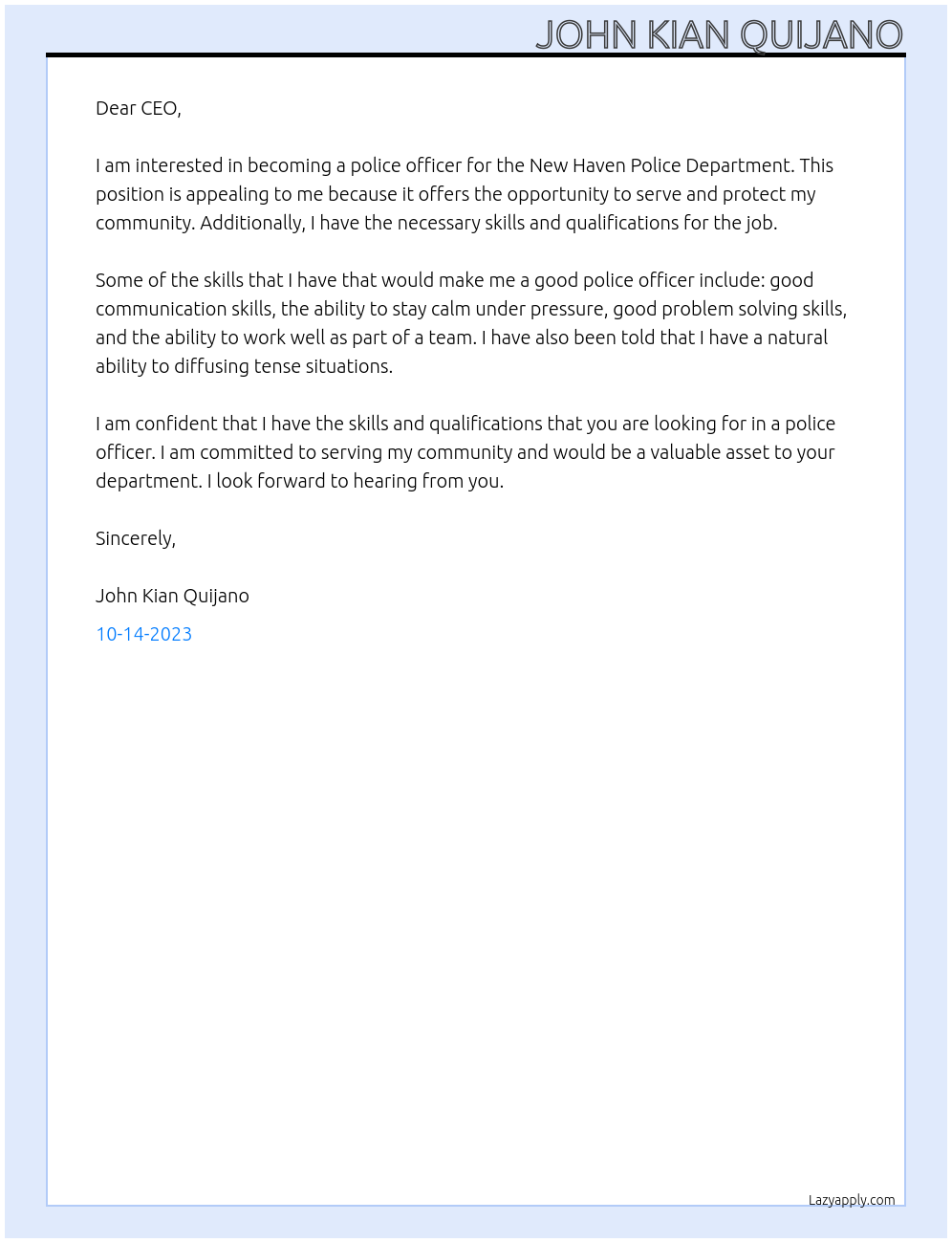 police officer At new haven police department Cover Letter