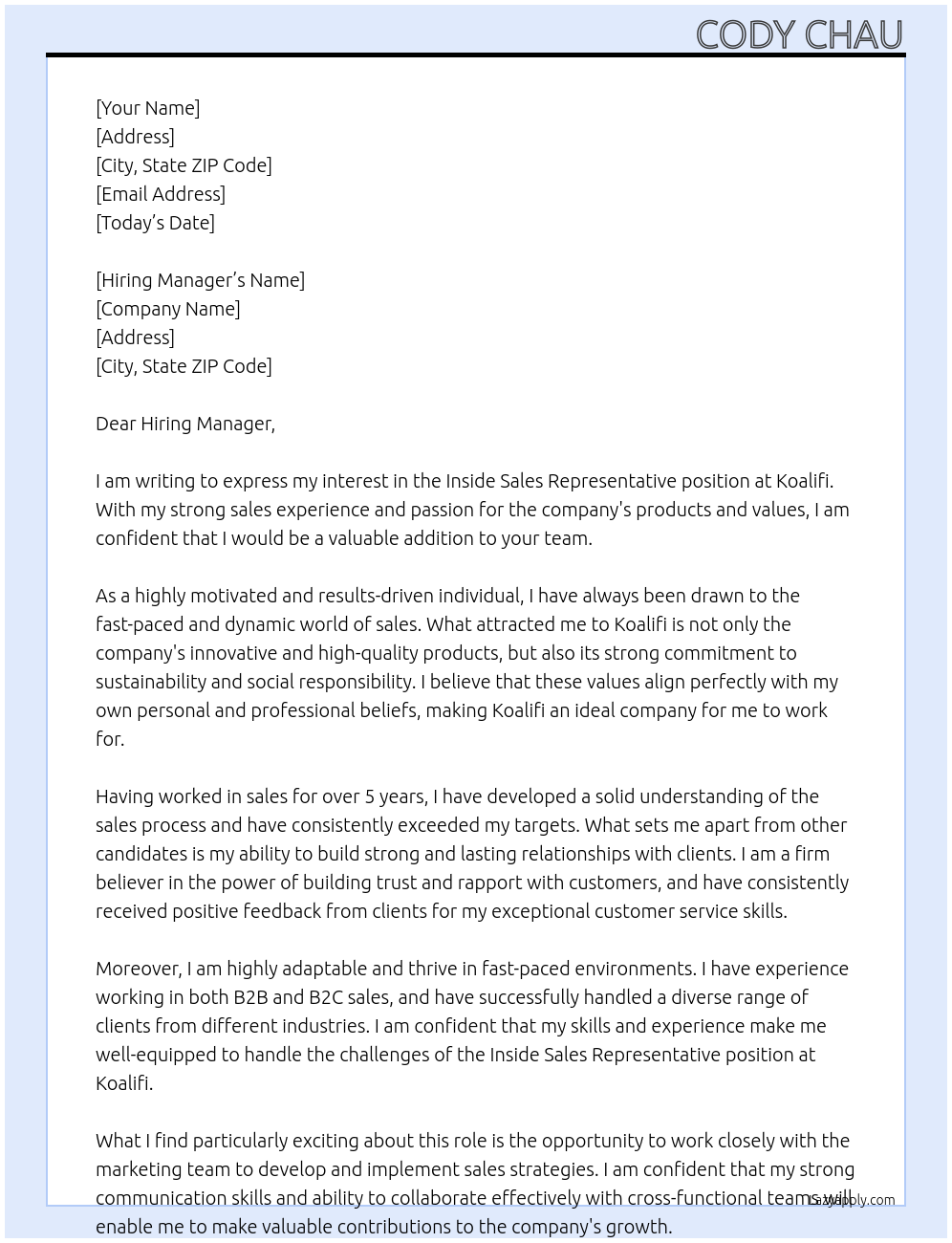 Inside Sales Representative At Koalifi Cover Letter