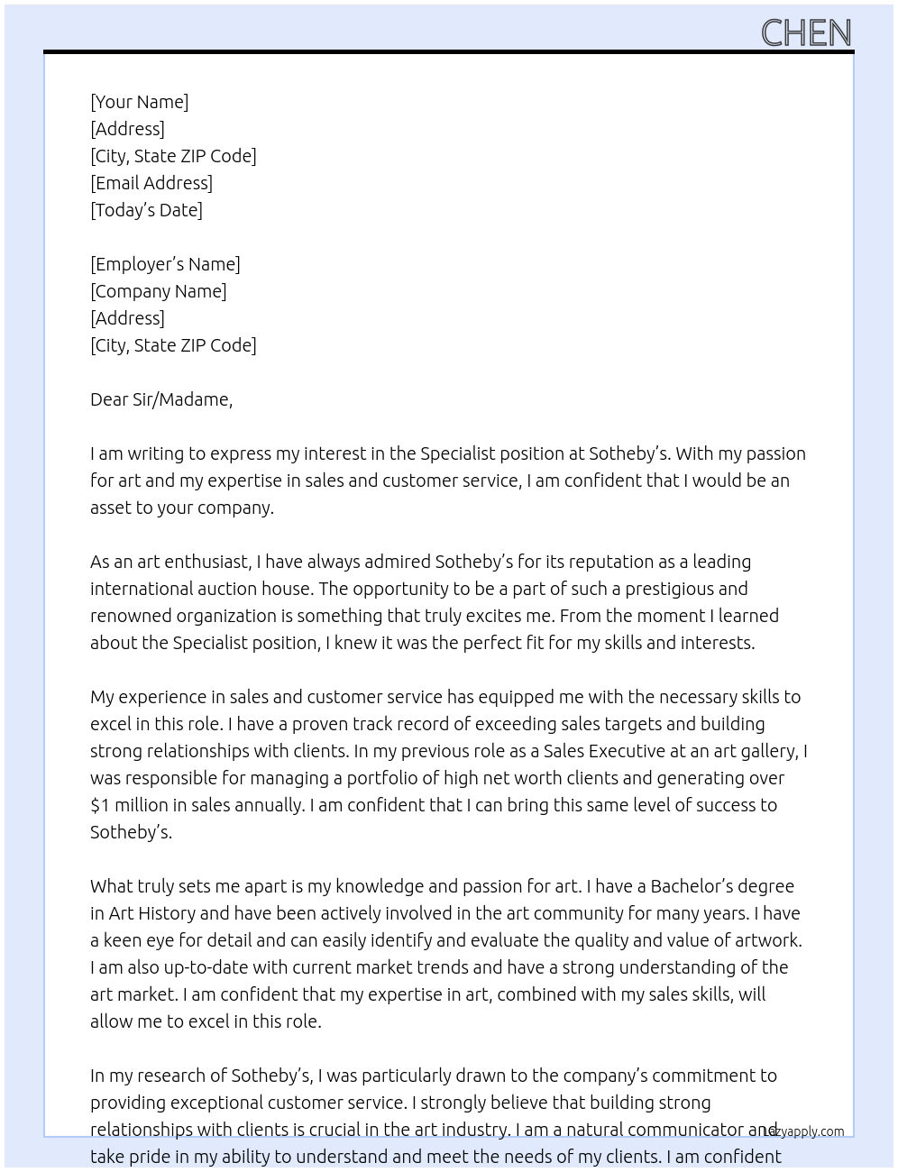 specialist At Sotheby's Cover Letter