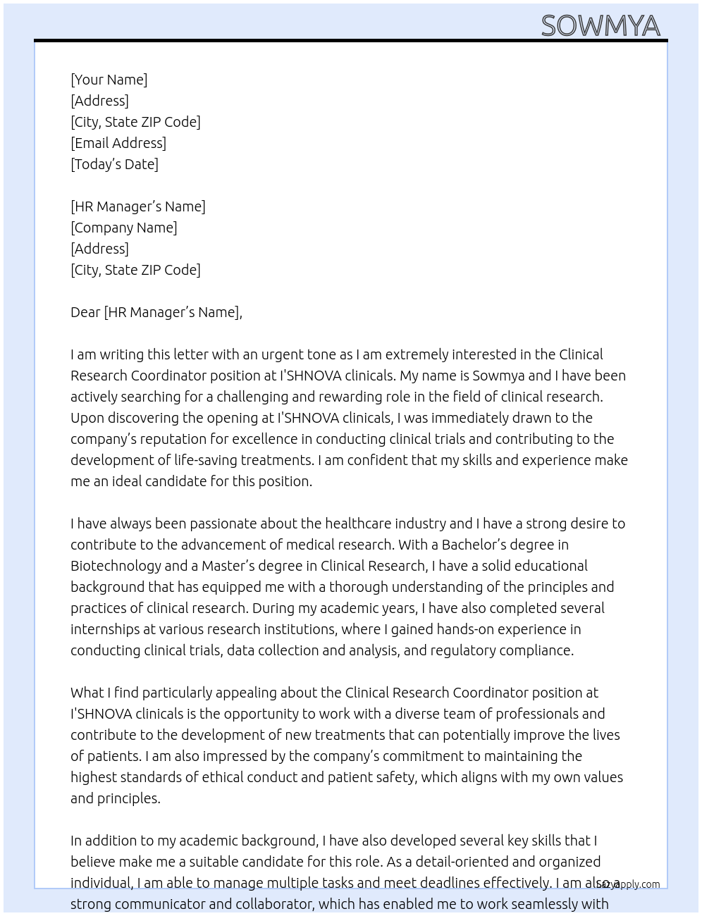 Clinical research coordinator At I'SHNOVA clinicals Cover Letter