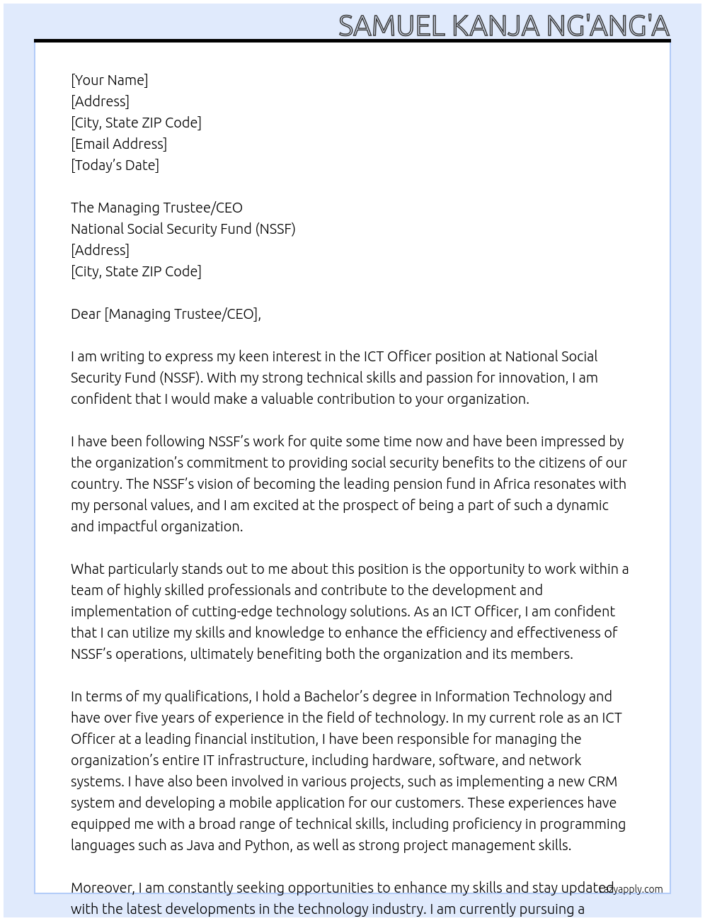 ICT OFFICER At NATIONAL SOCIAL SECURITY FUND Cover Letter