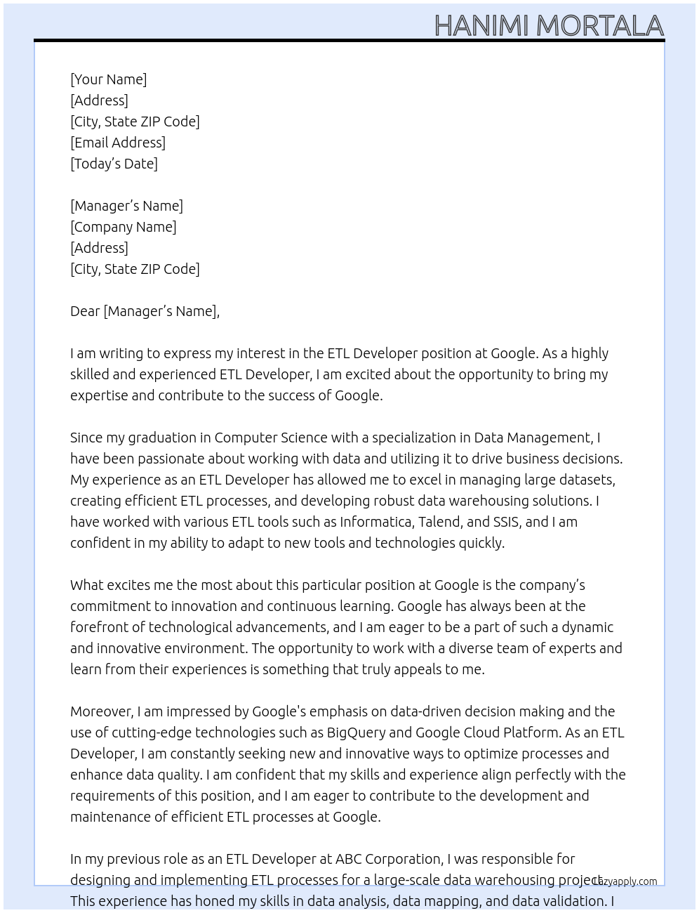 ETL developer At Google Cover Letter