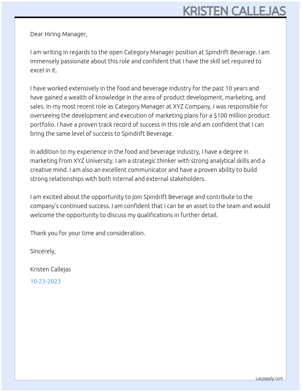 Category Manager At Spindrift Beverage Cover Letter