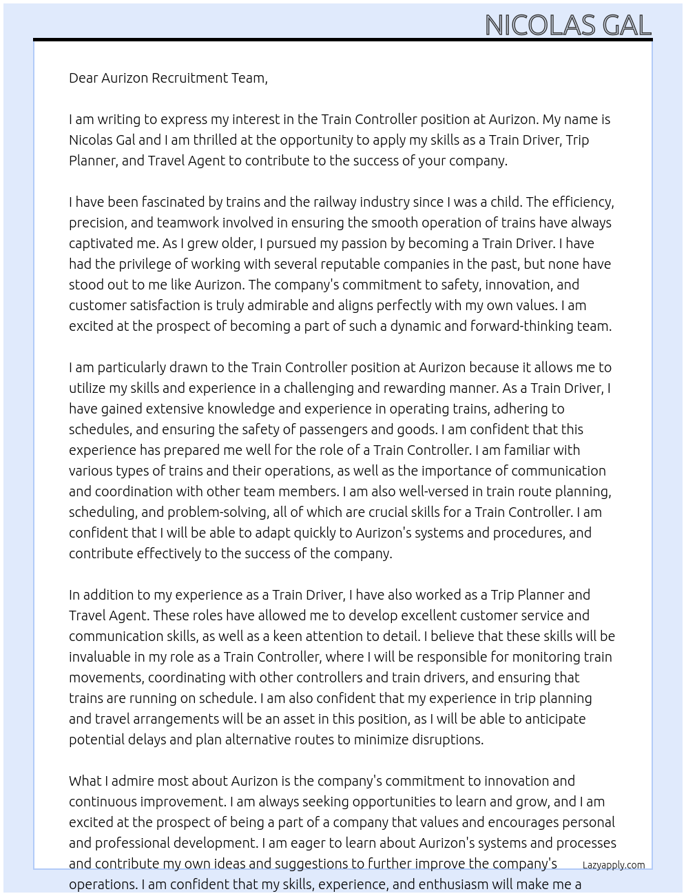 Train controller At Aurizon Cover Letter