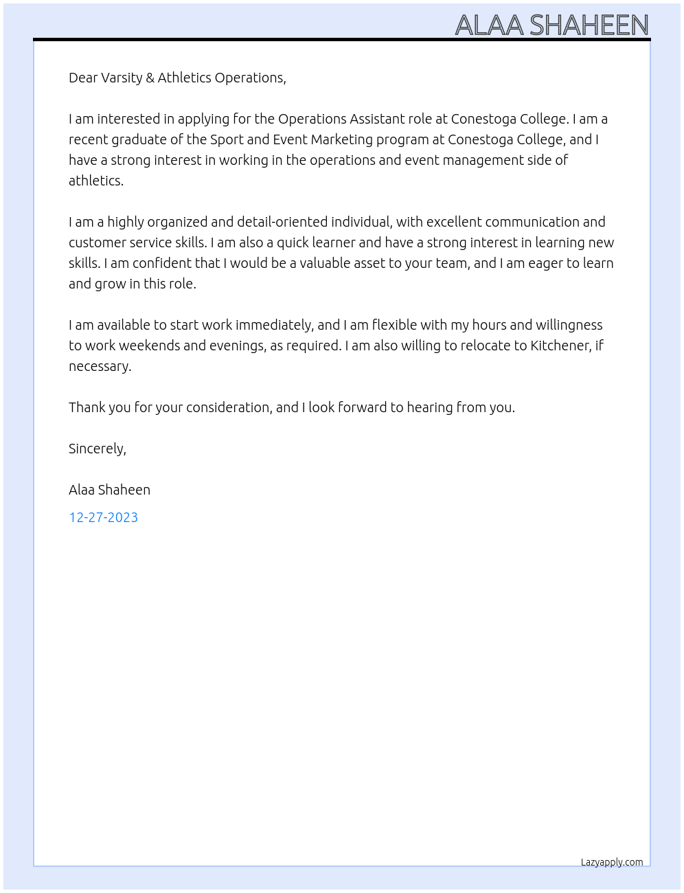 Operations Assistant At Conestoga College Cover Letter
