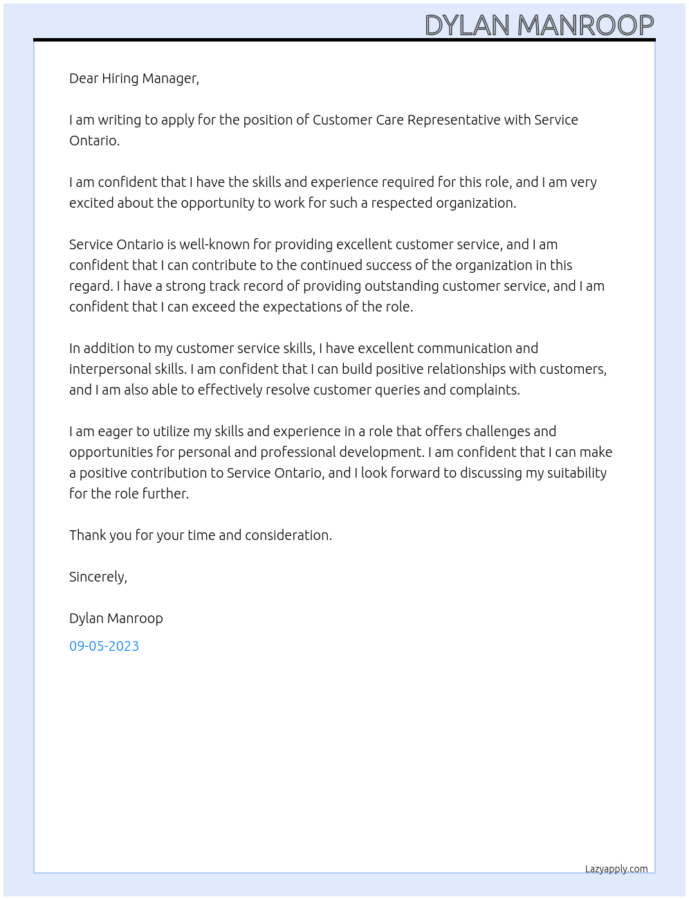 Customer Care Representative At Service Ontario Cover Letter
