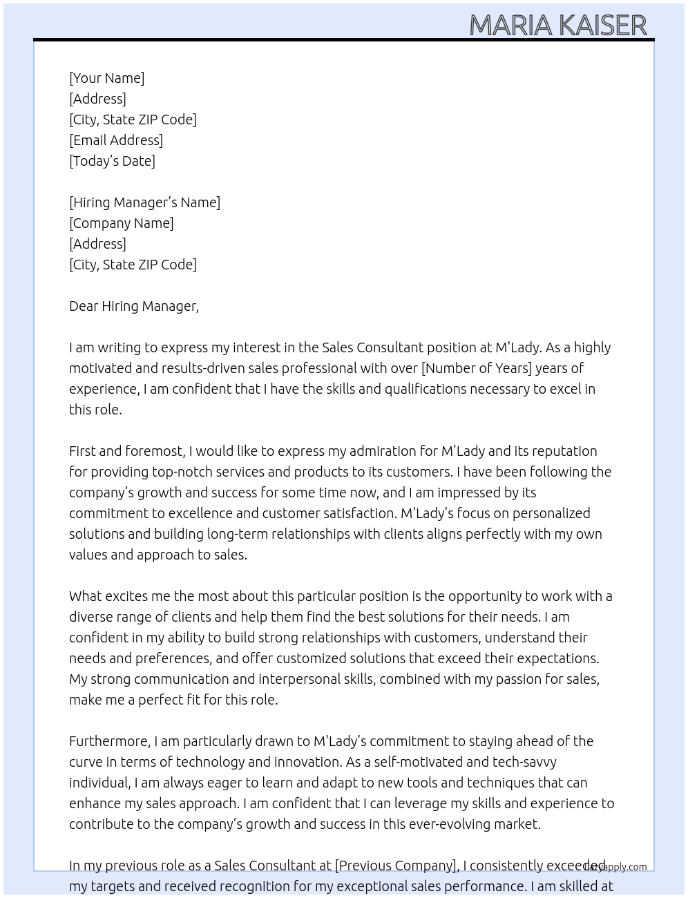 Sales Consultant At M'Lady Cover Letter