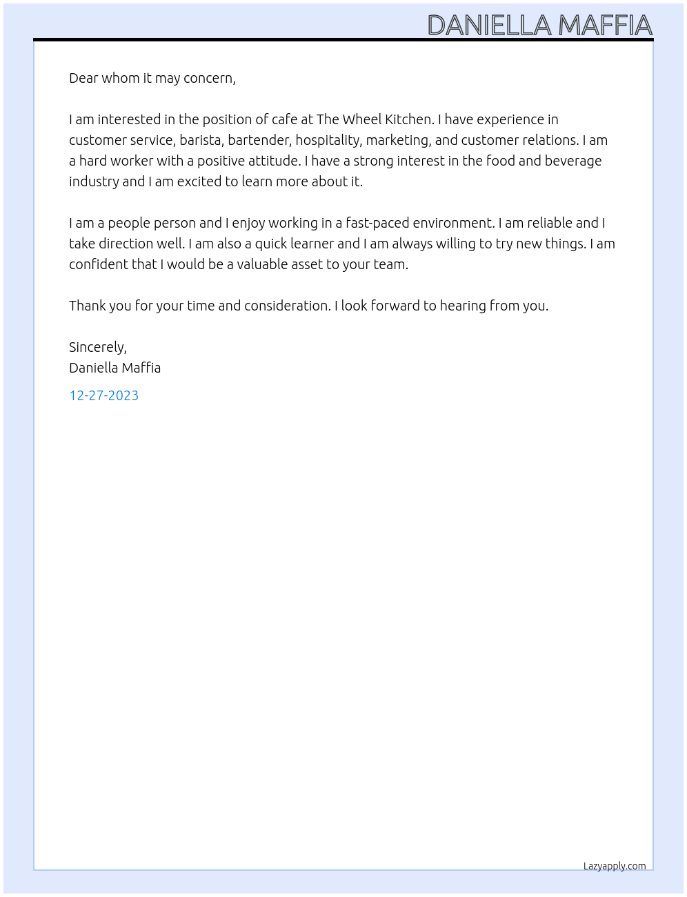 Cafe At The Wheel Kitchen Cover Letter