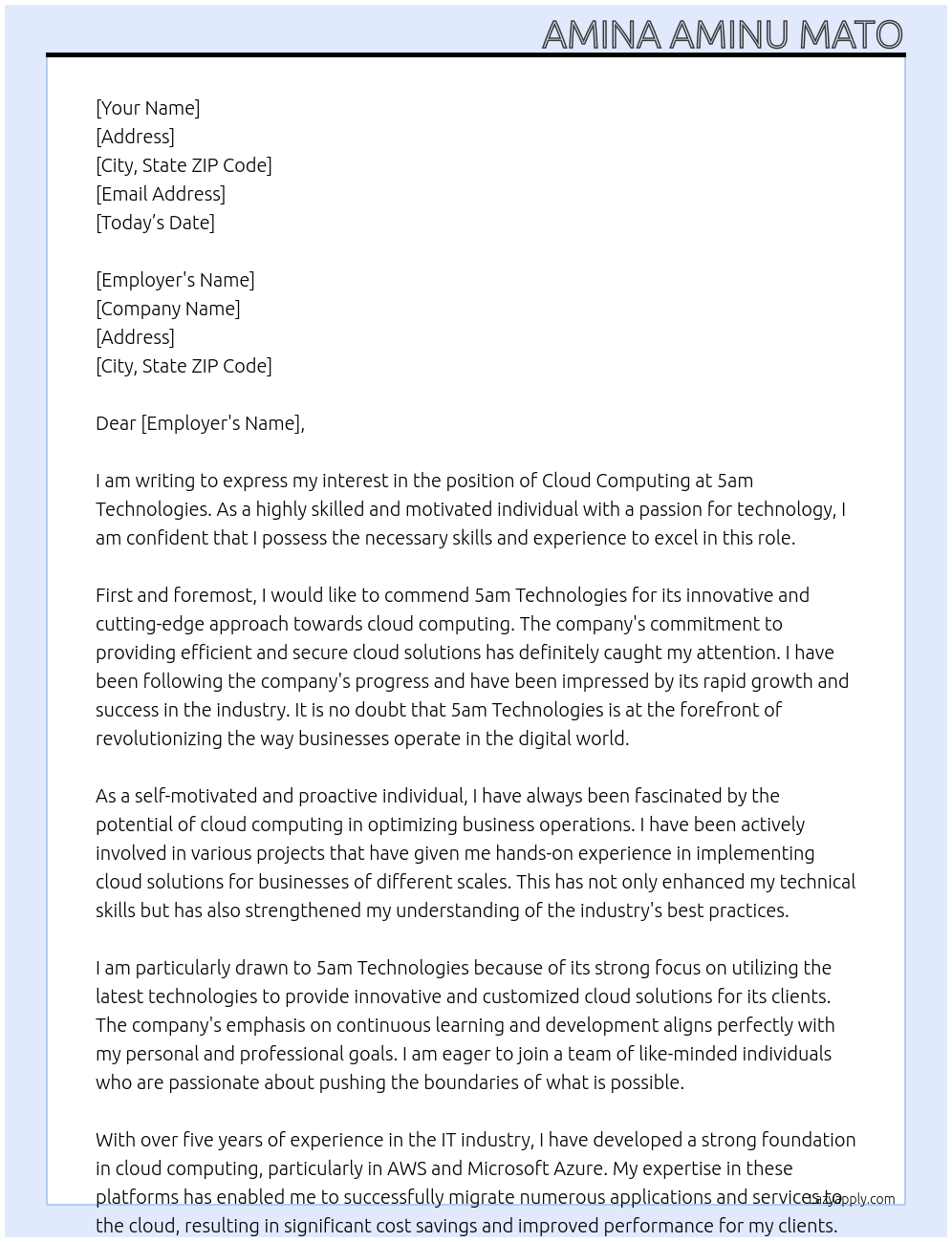 cloud computing At 5am Technologies  Cover Letter
