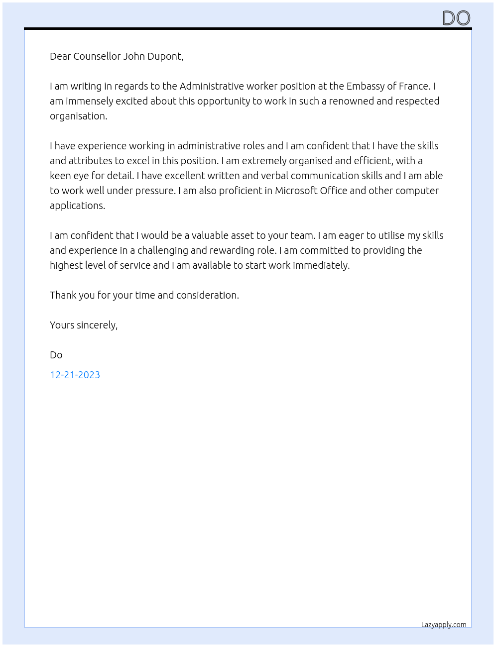 Administrative worker  At Embassy of France Cover Letter