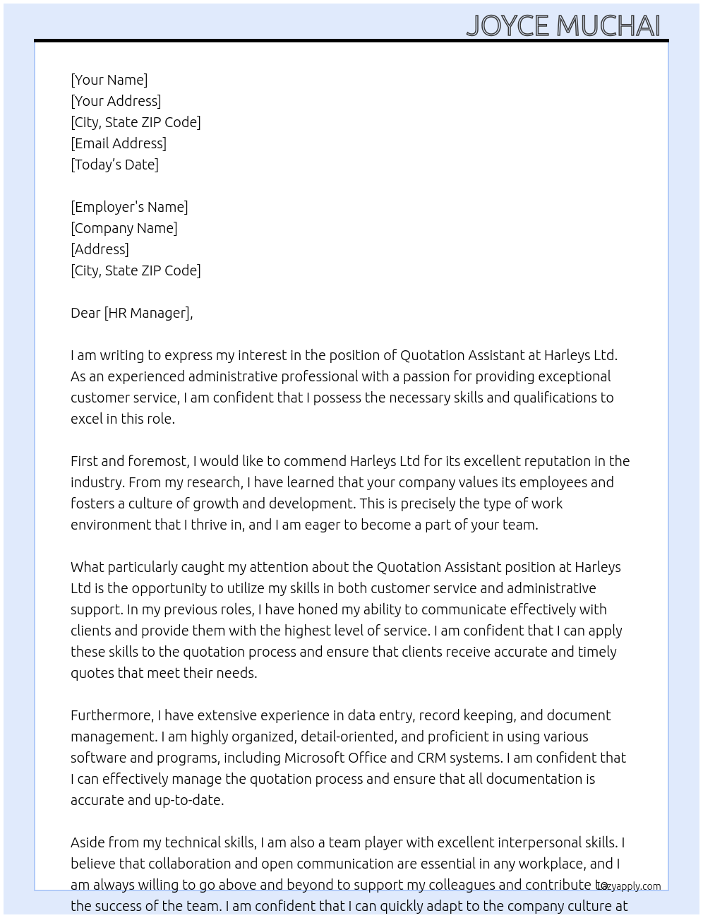Cover letter for quotation assistant - LazyApply